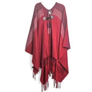 Tahari Womens NWT Red Boho Old Money Toggle Closure Fringe Shawl Wrap One Size